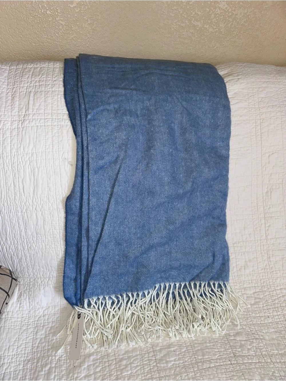 Anthropologie Wedgewood Blue Throw Blanket with Fringe